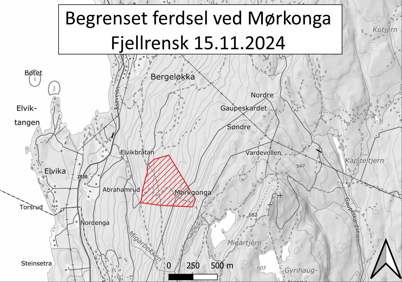 Bildet er et kartutsnitt over det området som er sperret ved Mørkgonga